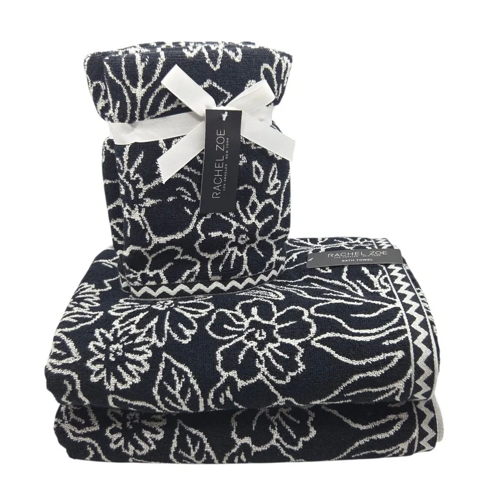 Rachel Zoe Black Ecru Floral Reversible Cotton Towel Set 4pc 2 Bath 2 Hand